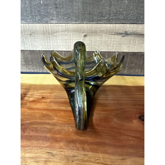 Vintage MCM Hand Blown Murano Style Sooner Swan Blue Yellow Art Glass Dish 11.5” - Picture 2 of 6